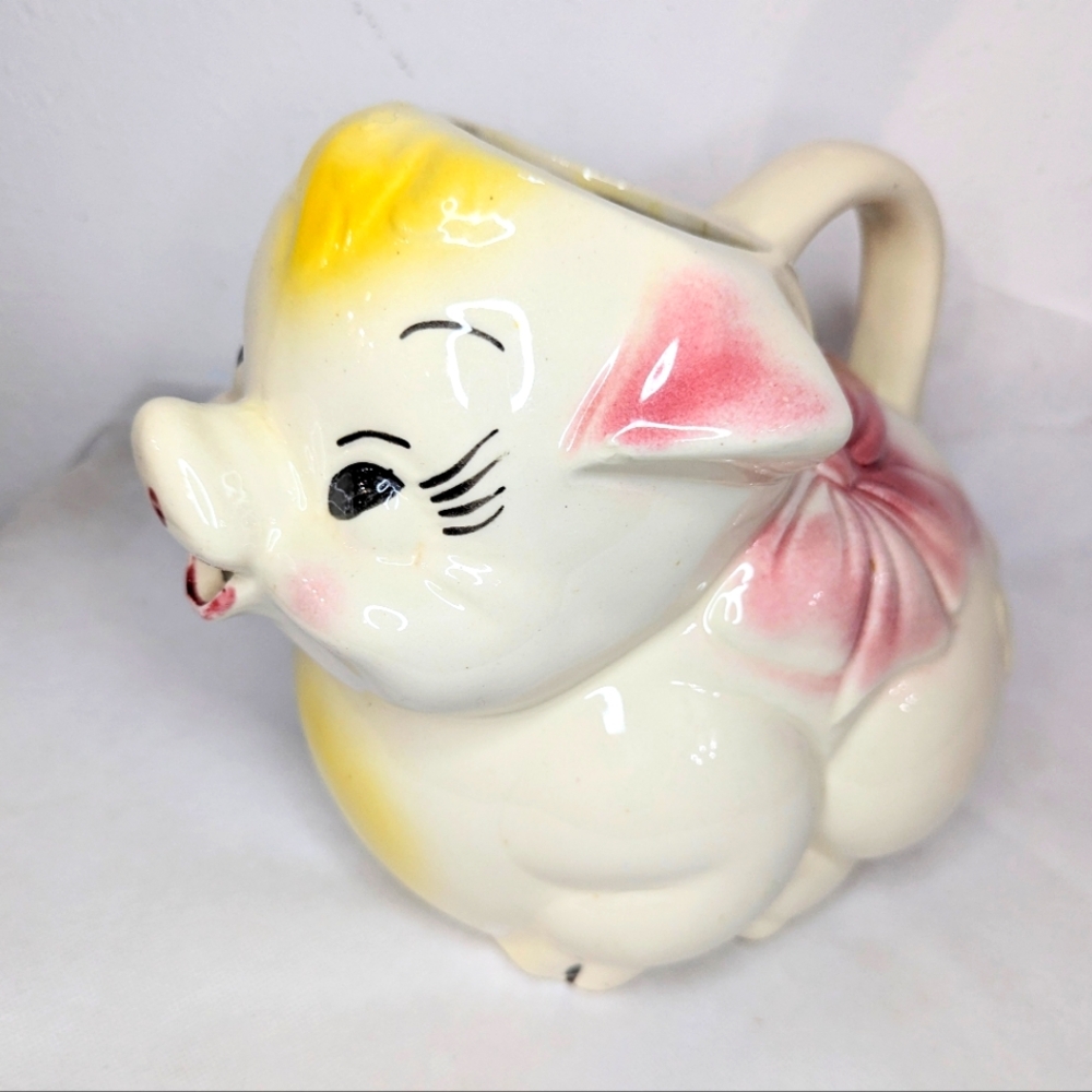 Vintage American Bisque Large Pig Water Pitcher With Yellow And Pink Highlights